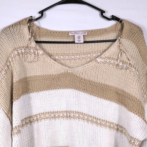 Sincerely Jules Women Beige White Striped Chunky Knit V-Neck Cropped Sweater M - Picture 4 of 6